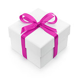 white textured gift box with purple ribbon bow