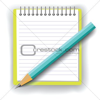 notebook and pencil on white background