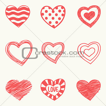 set of nine hand drawn hearts