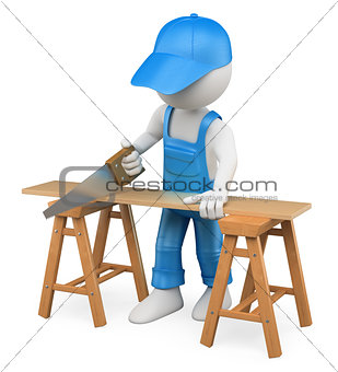 3D white people. Carpenter cutting wood with a handsaw