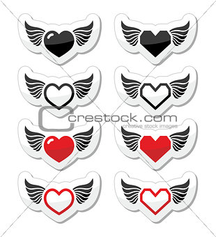 Heart with wings icons set