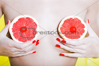 Woman Portrait Naked with Grapefruit breast