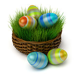 Easter eggs in a basket with a grass