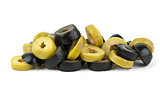 Small pile of sliced black and green olives