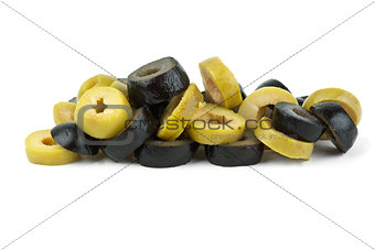 Small pile of sliced black and green olives