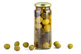 Glass jar with green and black olives.