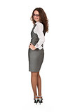 Business woman looks back on a white background