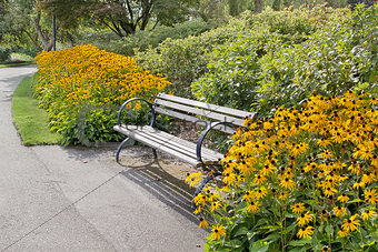 Park Bench with Black-Eyed Susan Flowers
