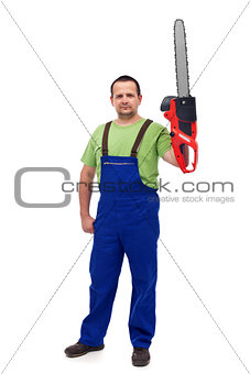 Proud construction worker with chainsaw