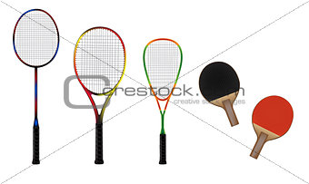 Badminton, tennis, squash and table tennis equipment vector illu