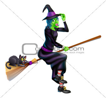 Witch on Broom with Black Cat