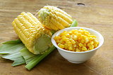 Canned corn in a bowl, and fresh cobs