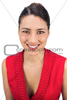 Smiling tied haired brunette posing