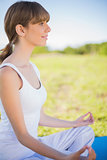 Smiling young woman meditating in lotus position