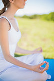 Peaceful young woman sitting in yoga position on her mat