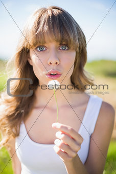 Pretty young woman blowing on dandelion