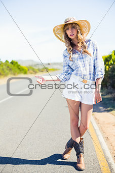 Pretty blonde hitchhiking at the roadside