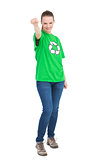 Joyful pretty environmental activist raising her fist