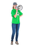 Dynamic pretty environmental activist yelling in a megaphone