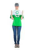 Happy pretty environmental activist holding a recycling box