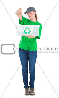 Happy pretty environmental activist showing a recycling box