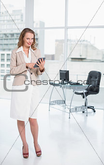 Cheerful pretty businesswoman using a calculator