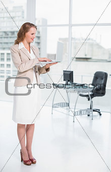 Smiling pretty businesswoman using laptop