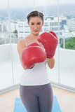 Competitive sporty brunette wearing red boxing gloves