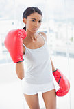 Serious competitive model with boxing gloves threatening camera