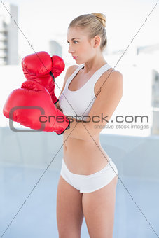 Concentrated young blonde model exercising with boxing gloves