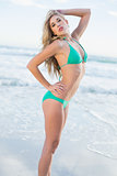Seductive blonde woman in green bikini posing looking at camera