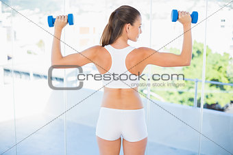 Woman standing back to camera lifting dumbbells