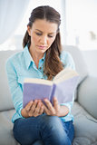 Concentrated woman sitting on couch reading book
