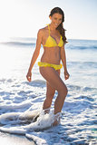 Happy gorgeous woman in yellow bikini
