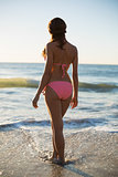 Rear view of gorgeous woman in pink bikini