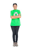 Happy black haired model wearing recycling tshirt