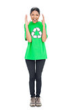 Shouting black haired model wearing recycling tshirt