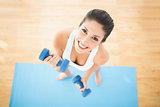 Fit woman exercising with dumbbells on blue exercise mat