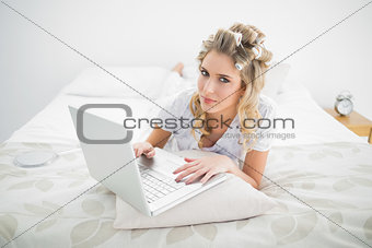 Serious pretty blonde wearing hair curlers using laptop