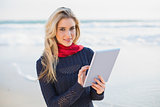 Cheerful sexy blonde holding tablet computer