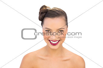 Cheerful woman with red lips