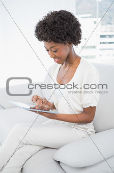 Smiling pretty brunette using her tablet pc