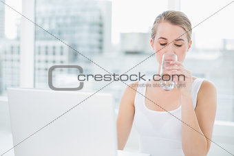 Pretty blonde drinking water using her laptop