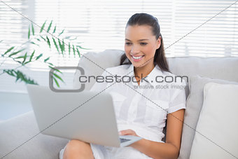 Smiling pretty woman using laptop