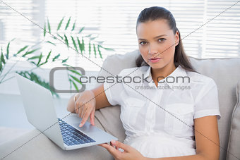Serious pretty woman using laptop sitting on cosy sofa