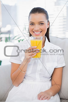 Smiling pretty woman holding orange juice sitting on cosy couch