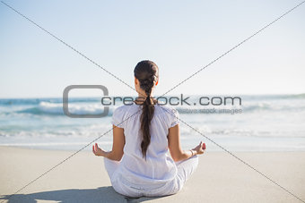 Rear view of pretty woman sitting in lotus posture