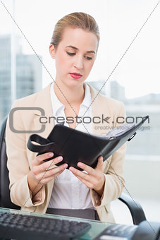 Serious attractive businesswoman holding her agenda