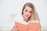 Relaxed gorgeous model lying on cosy bed reading book