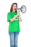 Environmental activist screaming in a megaphone